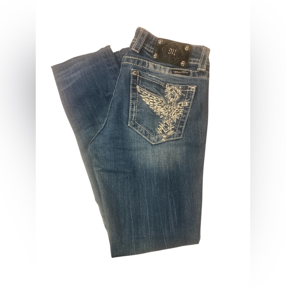 Miss Me Blue Skinny Jeans with Silver Embroidery GUC 28